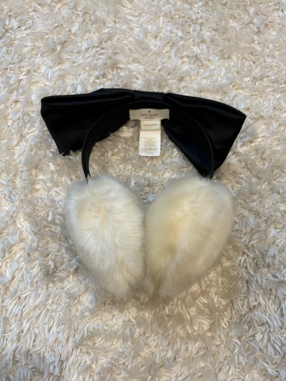 kate spade Black Headband Ivory White Faux Fur Earmuffs Bow, Winter Accessory